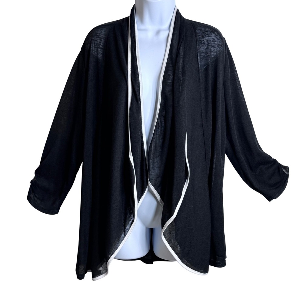 Travel Elements Open Front Cardigan Draped‎ Lightweight Black White Trim L